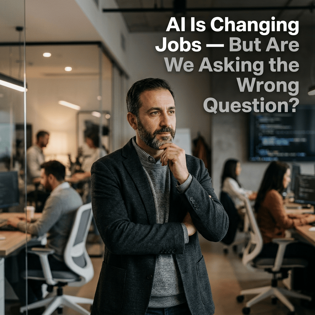 Text reads “AI Is Changing Jobs — But Are We Asking the Wrong Question?” above a thoughtful man in an office.